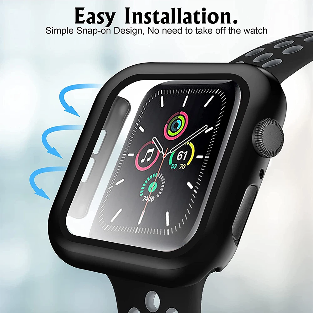 Glass+ Case for Apple Watch 9 45mm 41mm 40mm 44mm 42mm 38mm PC Matte Screen Protector for Iwatch series 8 7 6 5 4 3 2 1 SE