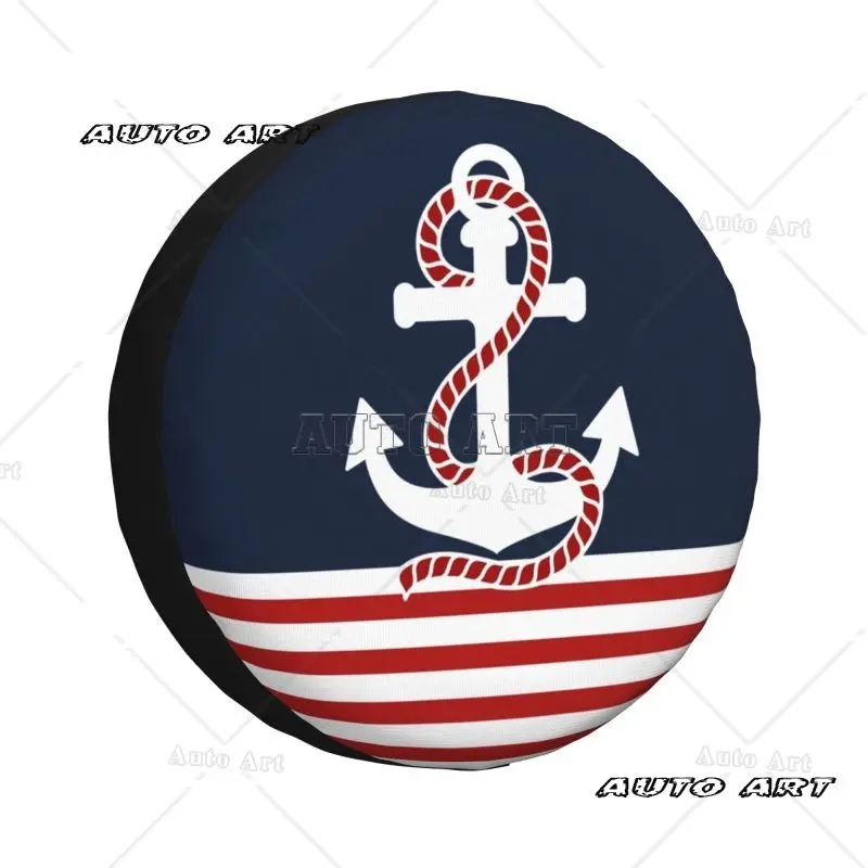 

Custom Nautical Red White Stripes And Red Anchor Spare Tire Cover Wheel Protectors Cover for Truck Camping Travel Universal