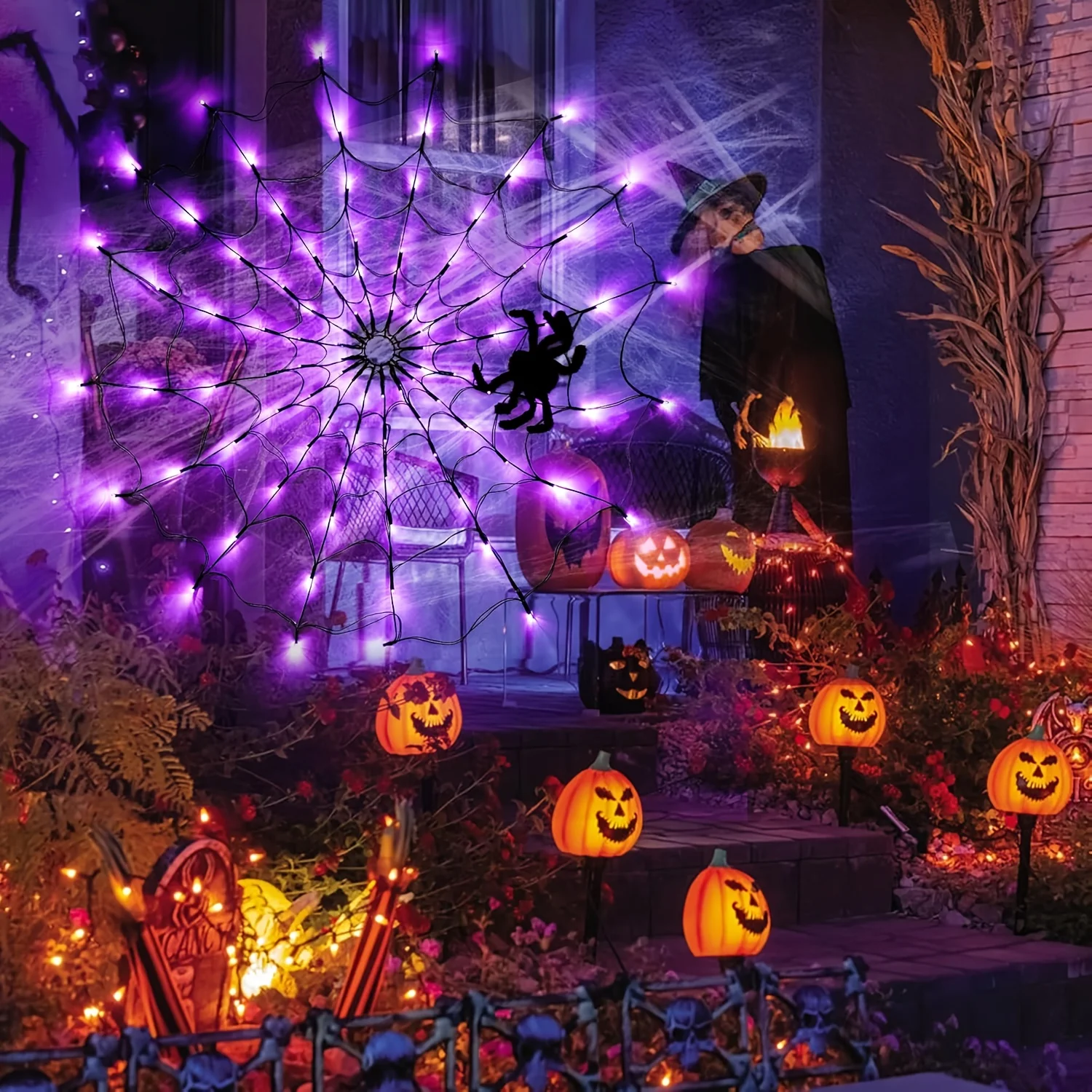 Halloween Spider Web LED String Lights 8 Light Modes Spooky Atmosphere For Indoor Outdoor Home Haunted House Holiday Party Decor