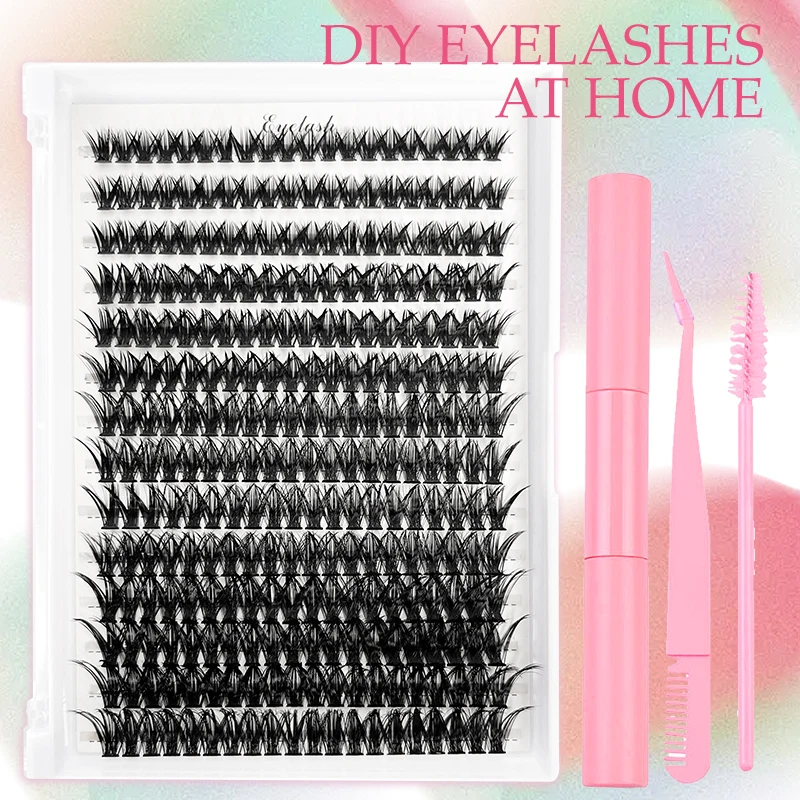 Eyelash Extension Set 280 Clusters 8-16mm Curl Personalised Eyelash Set with Eyelash Adhesive and Sealing Eyelash Tweezers