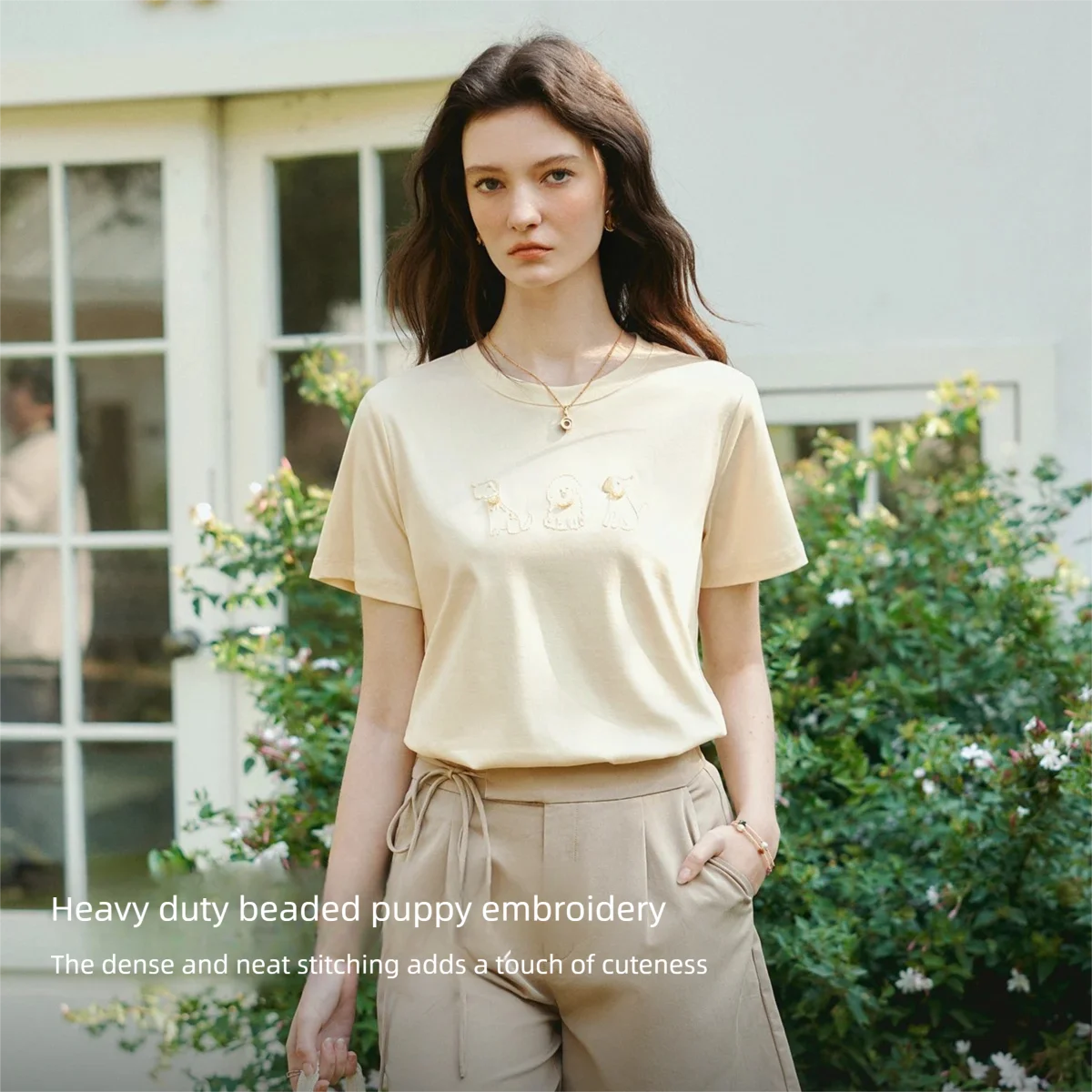 OLrain French Casual Animal Embroidery Short Sleeve Tee Women Summer 2026 Crew Neck Beaded Loose Top Female Clothes O58XT006129