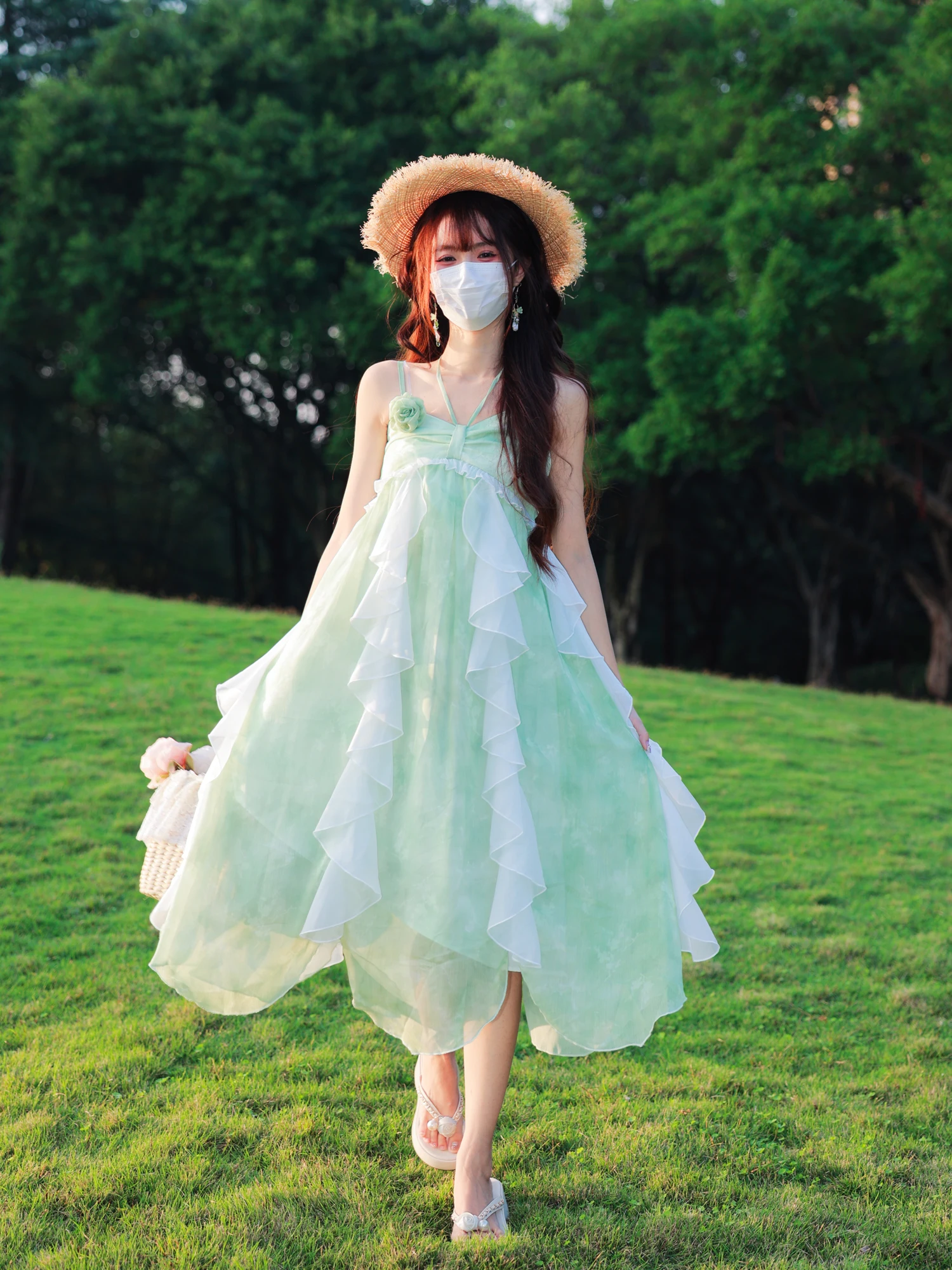 

Пляжное платье Huaqizhu без бретелек, мятно-зеленое с оранжевым узором в виде листьев, длинная юбка из полиэстера, мягкая, свободная, с завышенной талией, в стиле феи