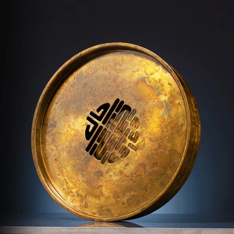 Zhu Bingren Copper Double Happiness Tea Tray Simple Water‑Storage Dry Brew Tray Creative Copper Tea Drain Tray Home Gift
