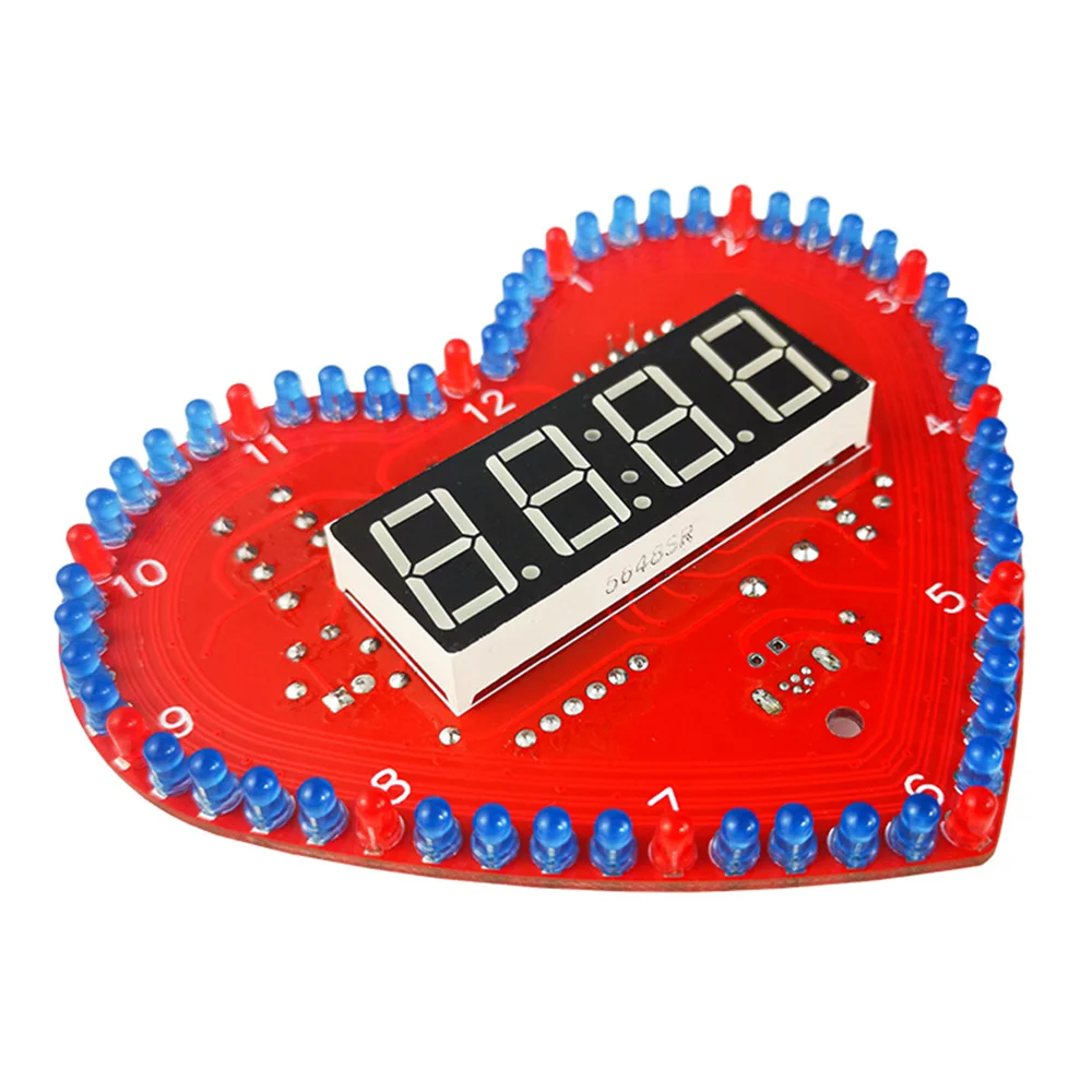 Heart Shaped 4-Digit DIY Clock Kits with LED Lights Date/Time/Temperature/Week Alarm Clock Soldering Suite for Christmas Gifts