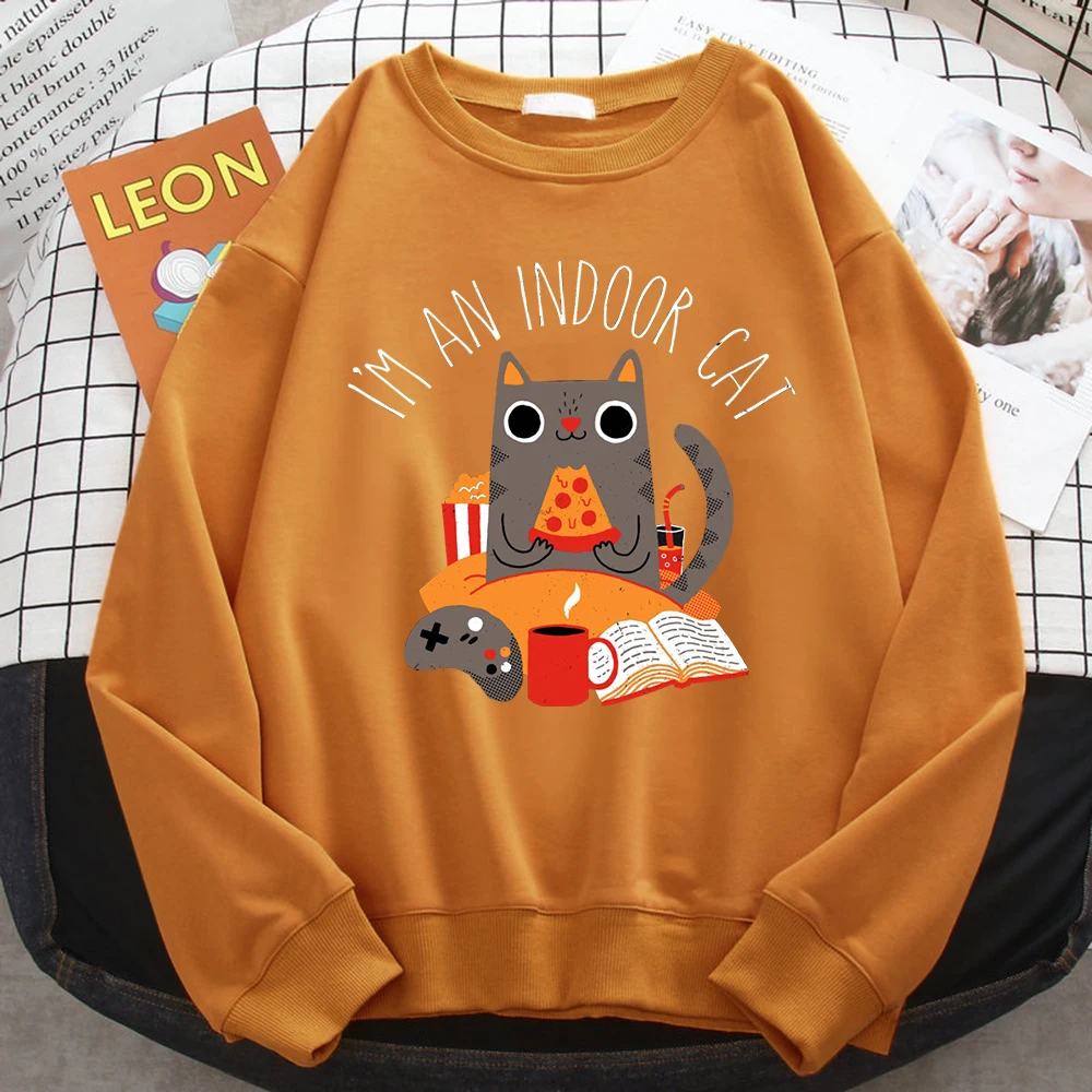 Street Women Sweatshirts Cat Sitting And Eating Pizza Printing Hoodies Comfortable All-Math Pullover Crewneck Loose Female Tops