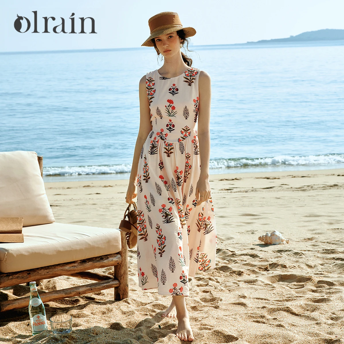 OLrain Damen-Maxikleid mit französischem Print, ärmellos, O-Ausschnitt, schmal geschnitten, gewebt, Sommer 2026, Neu, Urlaubskleidung O58XL005631