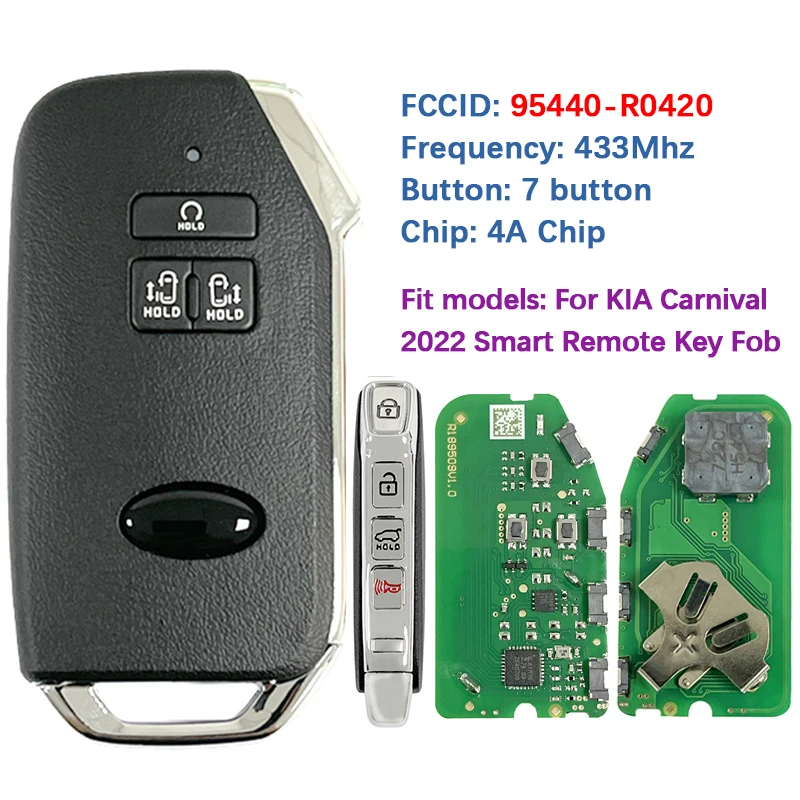 

CN051208 послепродажного обслуживания, 7 кнопок, умный дистанционный брелок, пульт дистанционного управления без ключа, чип 4A, 433 МГц, FCC 95440-R0420 для KIA Carnival 2022