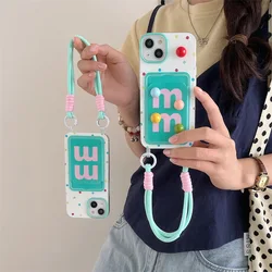 Card bag color polka dot three-dimensional M-bean phone case with hanging rope for iPhone 11, 12, 13, 14, 15Pro Max