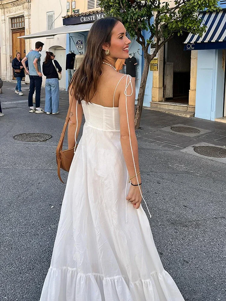 Elegant Lace Up Backless Long Dress Women High Waist Sleeveless Off Shoulder Ruffled Hem Dresses Female White Strap Holiday Robe