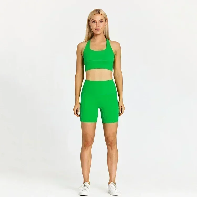 Ensemble de shorts de yoga à poches citron pour femme, tenue de sport 2 pièces imbibée de fitness, vêtements de sport, vêtements d'entraînement, tenue de course sportive