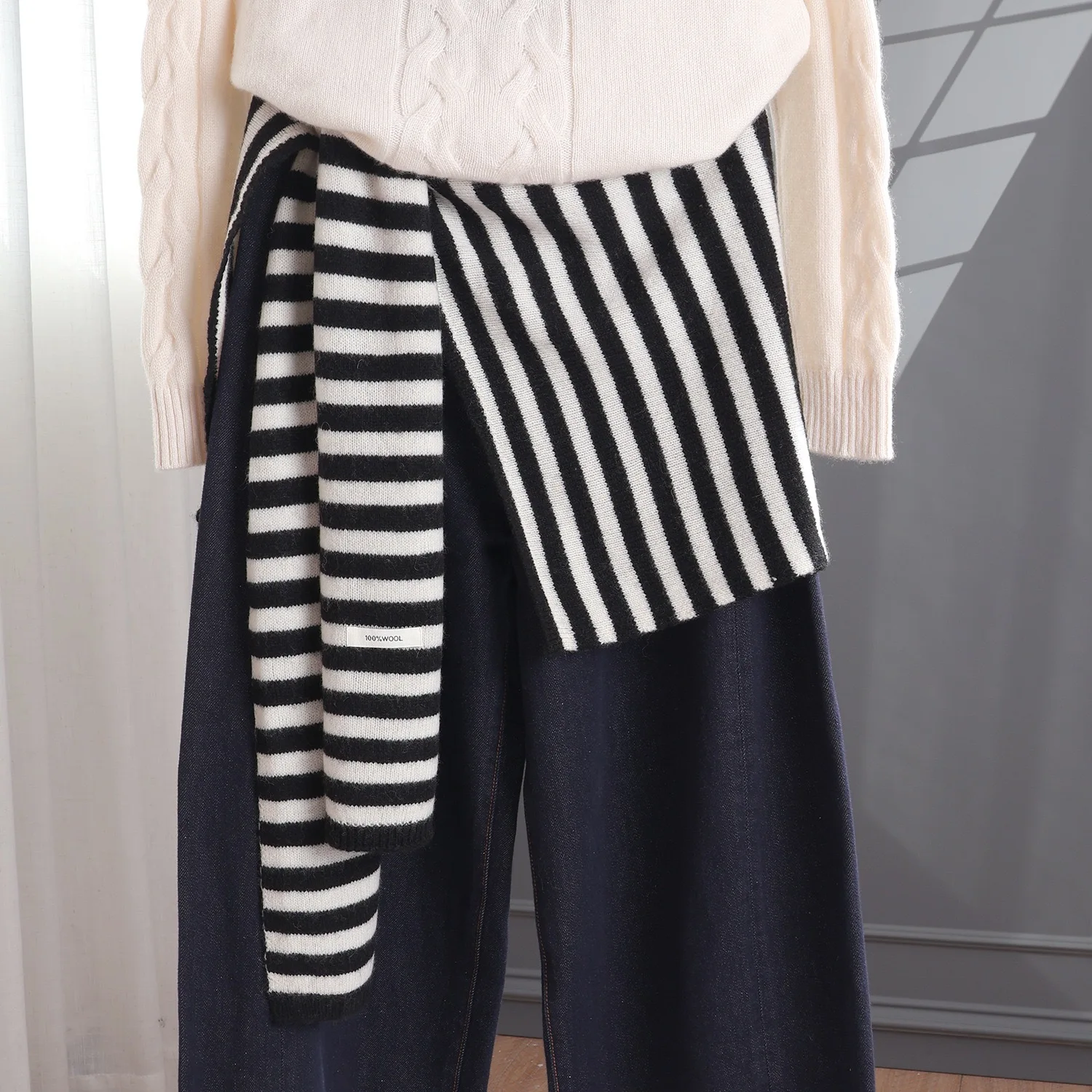 Korean Style Women 100% Wool Knitted Shawls Wrap Striped Line Tie Front Knit Cape Warm Autumn Winter Shoulder Scarf Casual Shrug