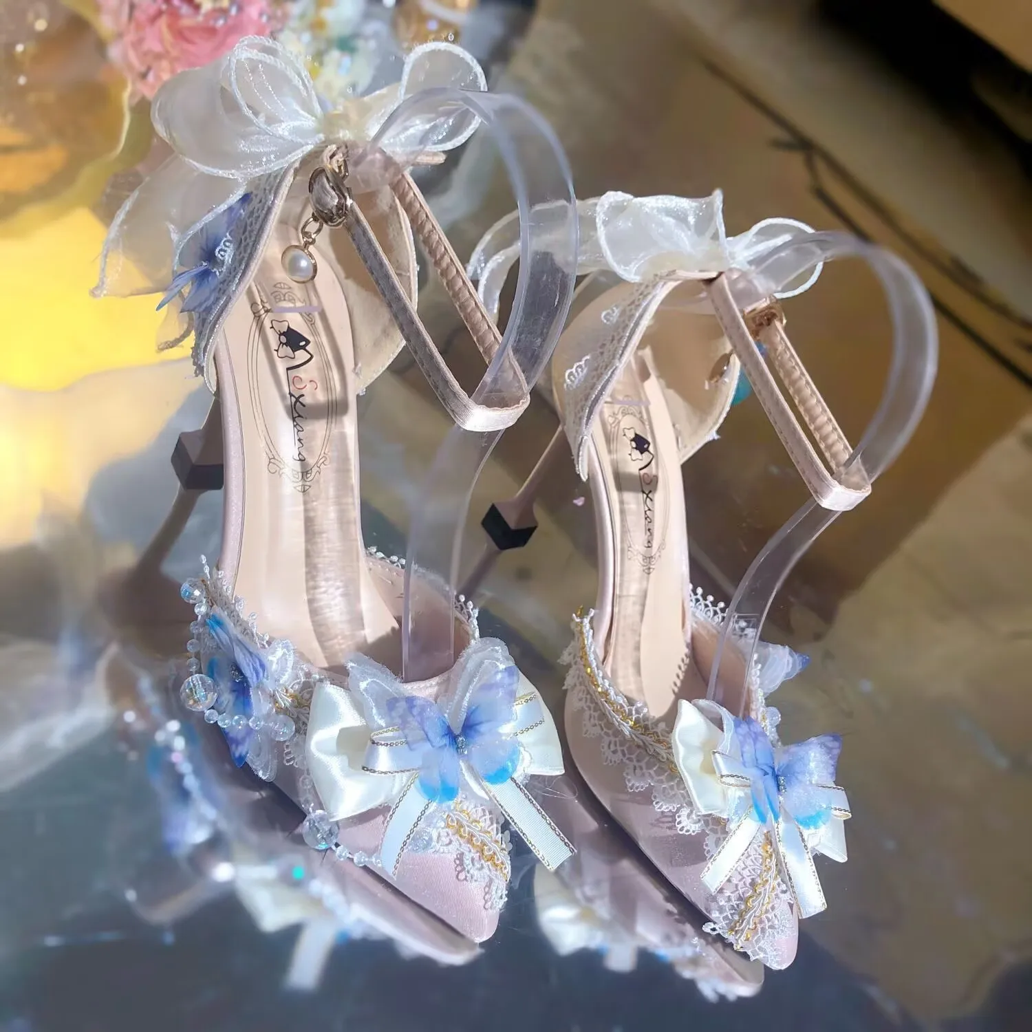 أنيقة الكعوب أحذية الزفاف العروس عالية الكعب لوليتا الوردي الأزرق أحذية عالية الكعب للمرأة Y2K مضخات الحفلات امرأة ماري جين الأحذية