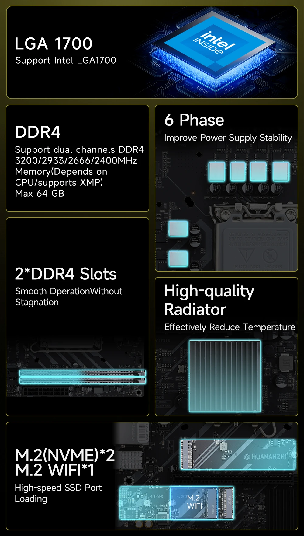 HUANANZHI B760M K M-ATX DDR4 마더보드 지원 12 13 14 Gen B760 Intel LGA 1700 CPU 12100F 12400F 12490F 12600F 12700F 13600F
