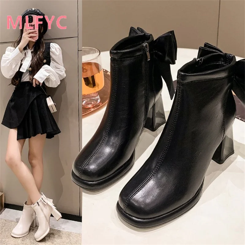 High Heel Fashion Femal Boots New Autumn and Winter Boots Thick Heel Retro Short Boots Ladies Bow Tie Side Zipper Women\'s Boots