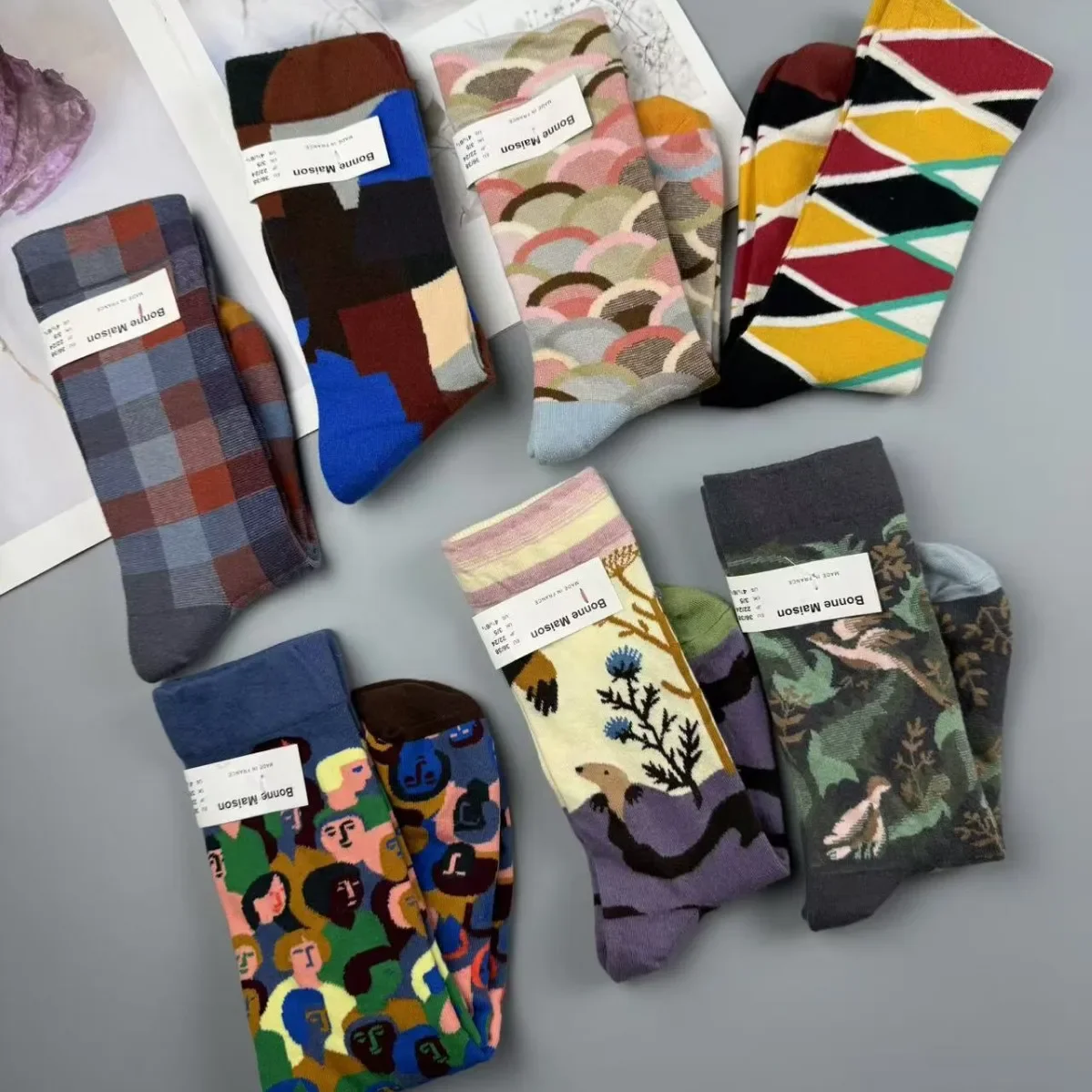 جديد النمط الفرنسي متعة النفط اللوحة الجوارب الرجعية الملونة سعيد منتصف العجل الفني المتخصصة المرأة الجوارب القطن ملابس داخلية للرجال #1