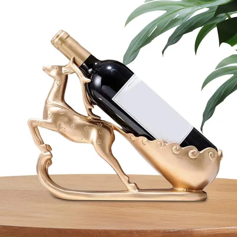 

Deer Wine Bottle Holder Deer Pulling A Cart Figurine Single Wine Rack Resin Vintage Decorative Freestanding Countertop Figurine