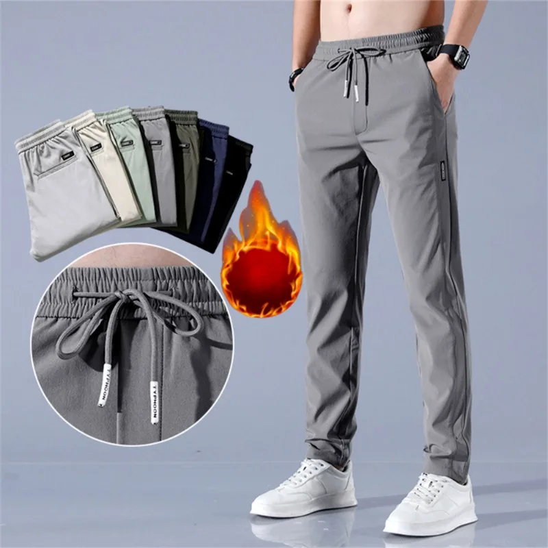 Autumn Winter Men's Warmer Fleece Long Thicken Pants Wide Loose Casual Straight Trousers Drawstring Elastic Waist Pants