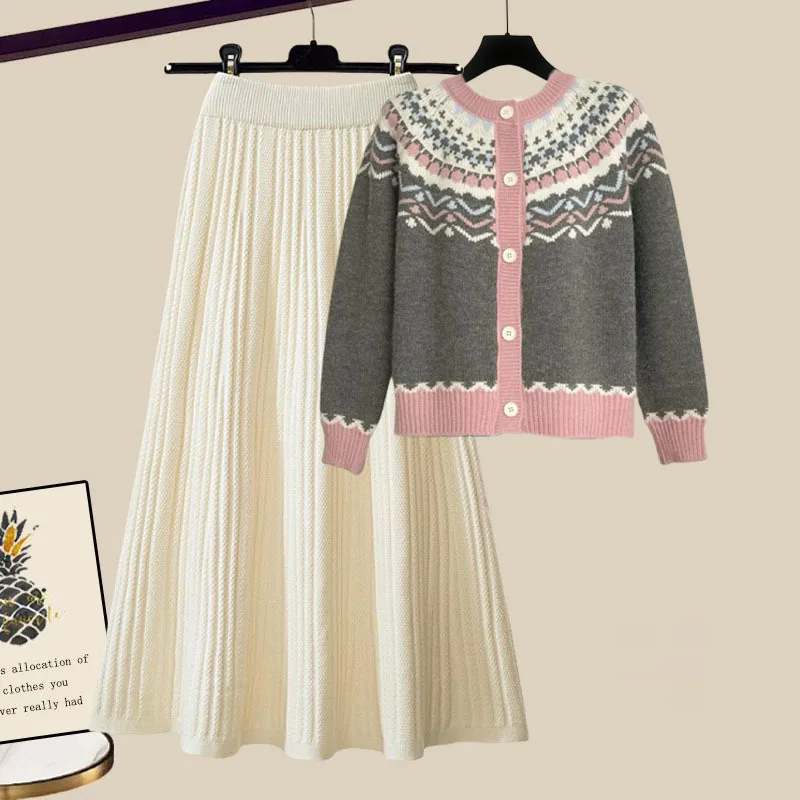 Winter Knitted Skirts Sets For Women Clothing 2024 Korean Sweet Vintage Patchwork Single Breasted Sweater Cardigan+skirt 2 Pcs