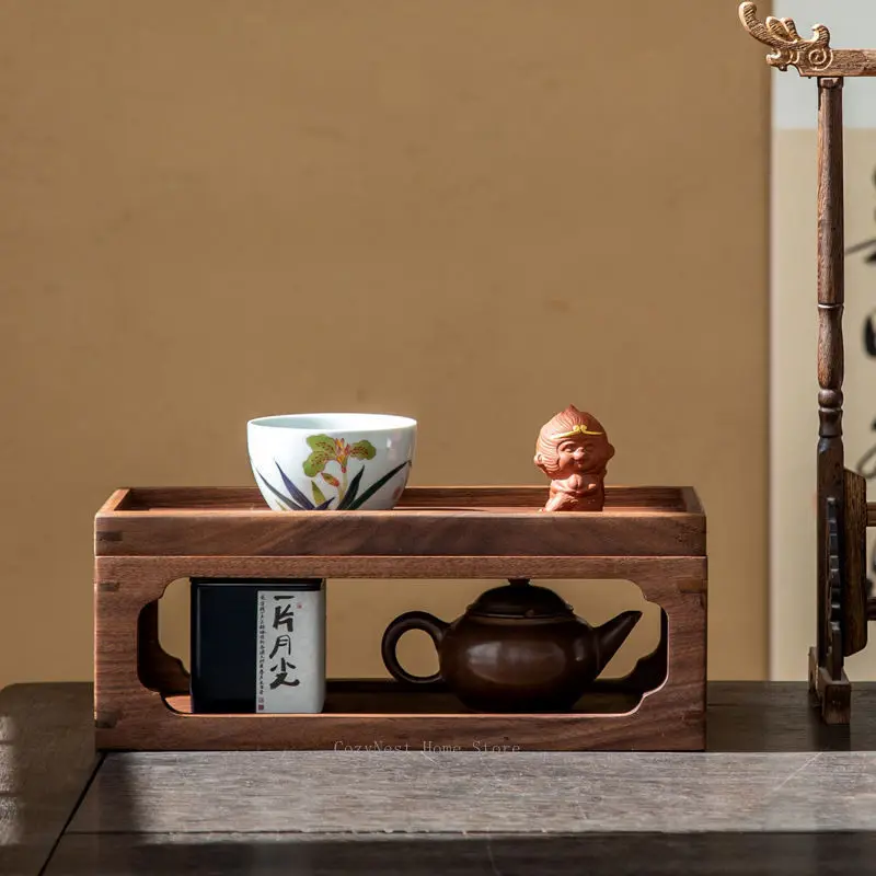 Black walnut tea set, teacup storage box, study four treasures, inkstone hollow shelf, tea table, wooden dry bubble plate