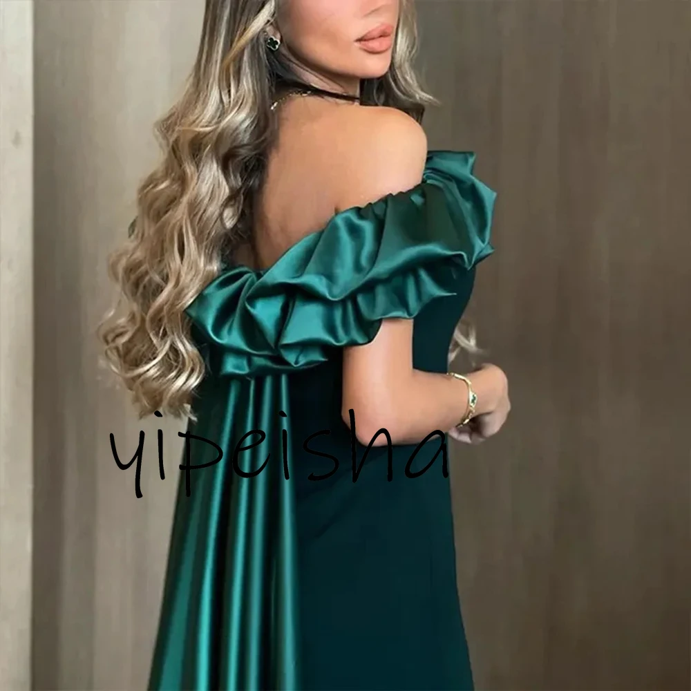 Customized Elegant Green Satin Prom Dress Pleat With Sweep Train Off The Shoulder Ankle Length Special Party Evening Dresses