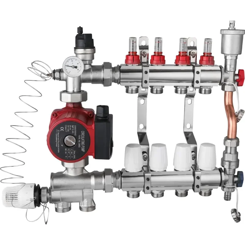 Brass Floor Heating Mixing Valve Center Manifold for Hydronic Radiant System Temperature Control Distribution Hub