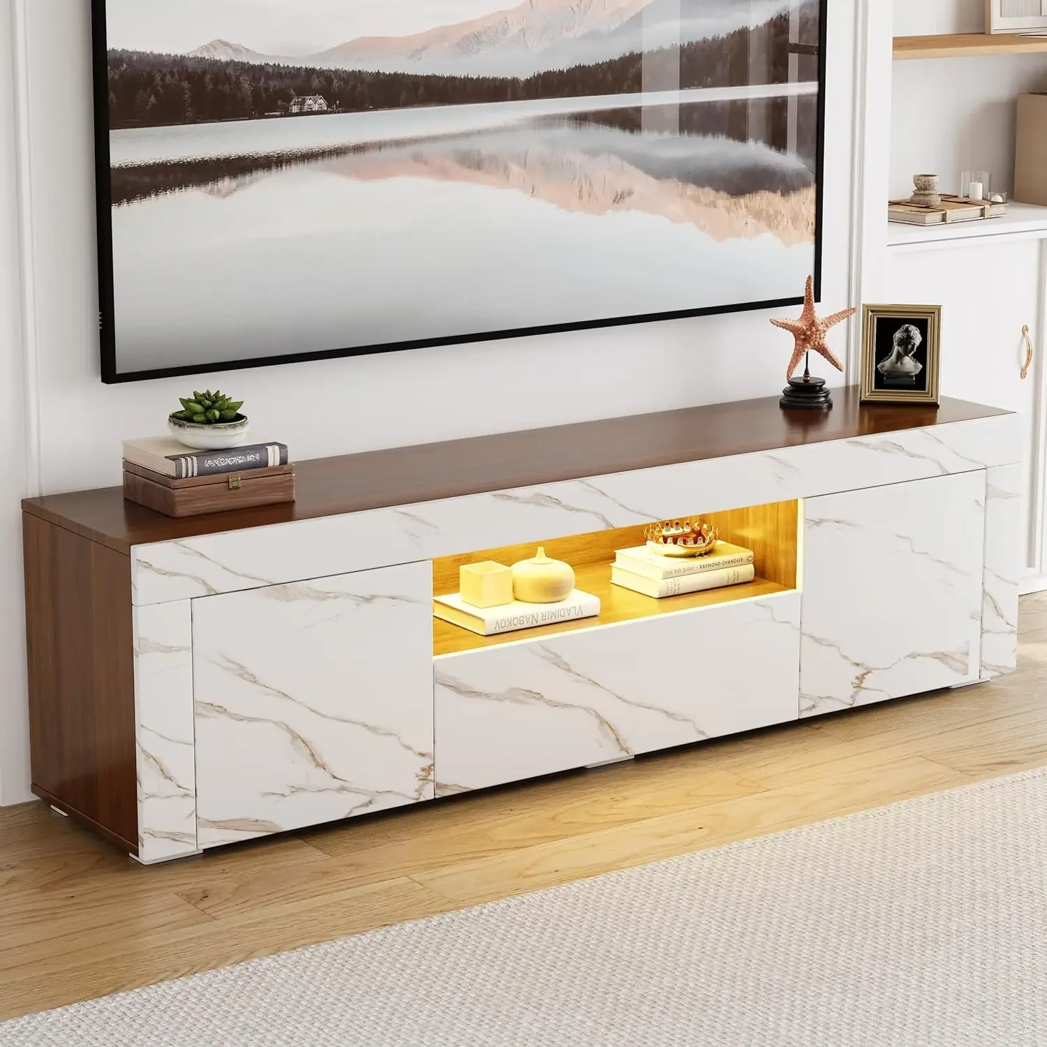 65 Inch Tv Stand, Modern LED Light Entertainment Center with Storage and Drawer, High Glossy Wood TV Console Stand for Game Room