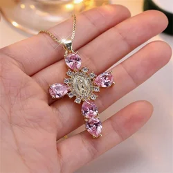 Men's and Women's Fashionable Collarbone Chain Cross Madonna Necklace with Micro Inlaid Zircon Pendant