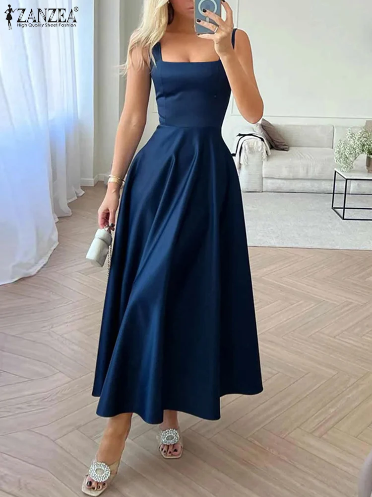 ZANZEA Square Neck Sexy Party Dress Women Fashion Maxi Dress Solid Color Satin Silk Umbrella Vestido Summer Waisted Elegant Robe