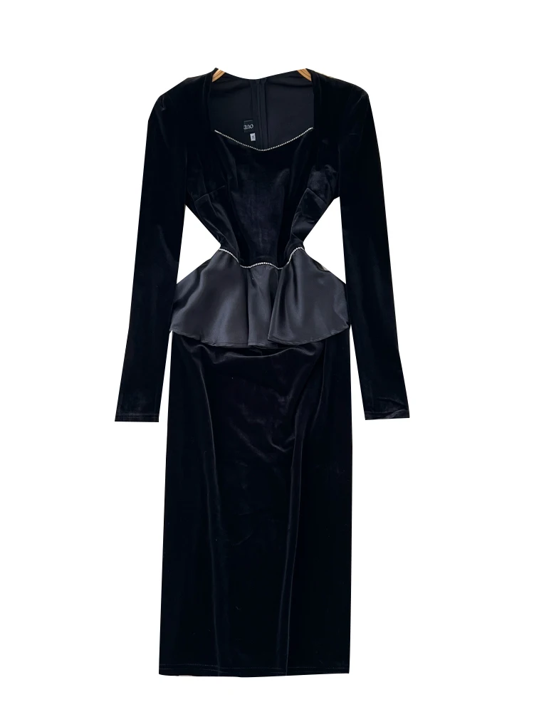 Vestido E de Veludo Preto Estilo Hebe para Mulheres, Com Decote Quad e Barra em Camadas, Vestido Longo para o Dia ...