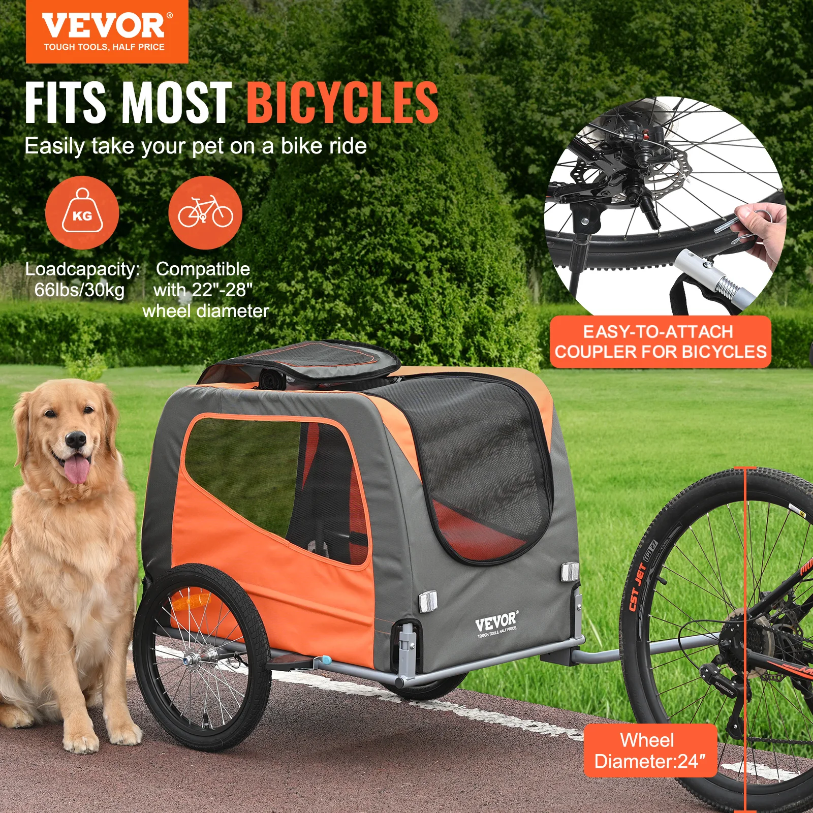 VEVOR Dog Bike Trailer Pet Cart Bicycle Carrier with Quick Release Wheels Universal Bicycle Coupler Collapsible Dog Bike Trailer