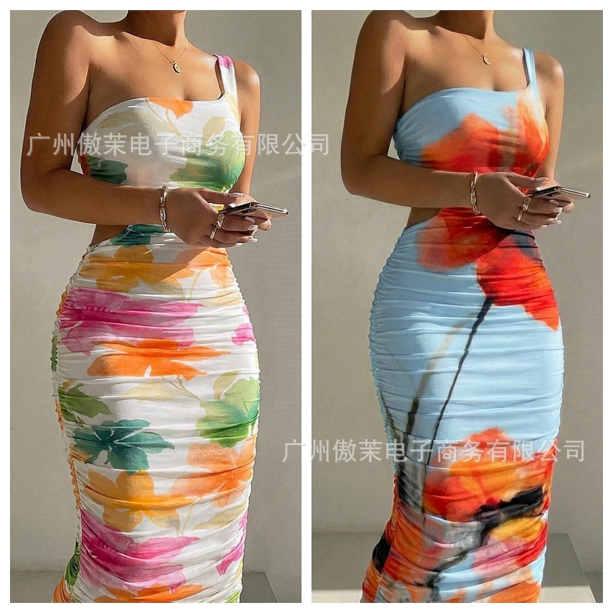 Women's Spring Summer Blue Floral Print One Shoulder Waist Tie Ruched Bodycon Midi Dress Dresses