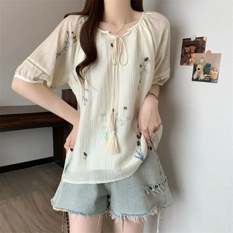 Women's Unique Chic 2026 Summer New Top Chinese Style Ancient Embroidery Short Sleeve Loose Fit Vacation Shirt Trendy 2