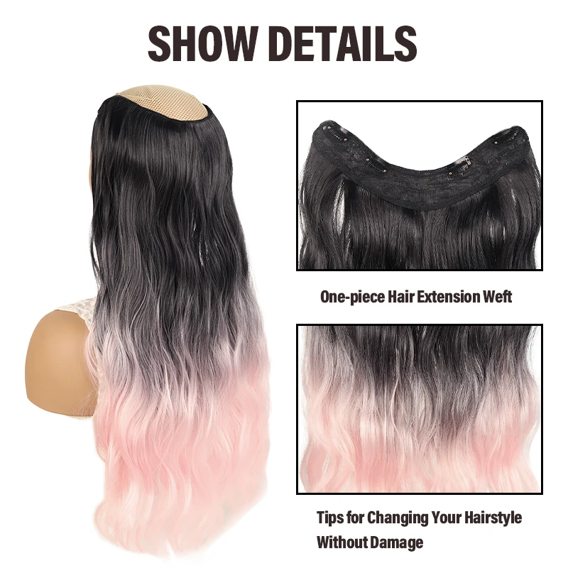 Long Curly Ombre Water Wave Synthetic Hair Extension Wig V Shape One Piece Clip In Hairpiece For Length And Daily Wear
