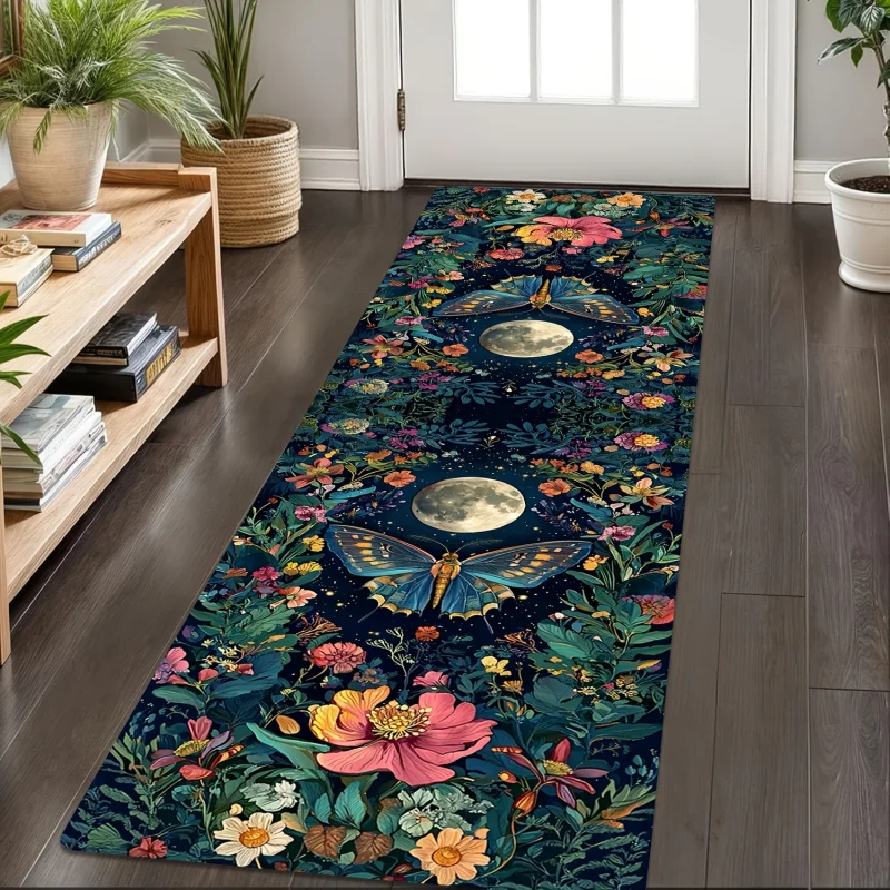 VIKAMA Celestial Moon Moth Floral Runner Rug Dark Botanical Boho Gothic Long Hallway Washable Entryway Decor Floor Carpet