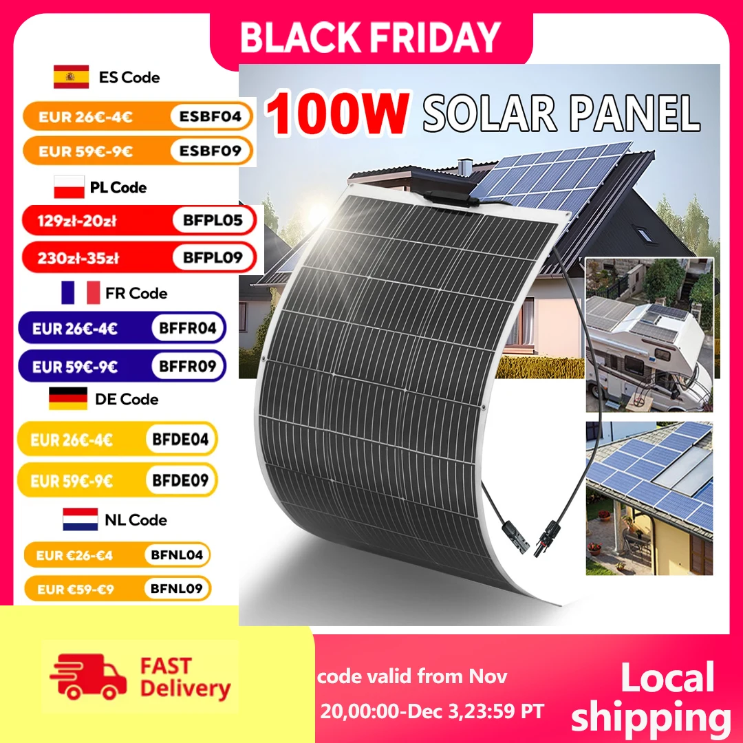 

1 шт.-10 шт., 100 Вт, перезаряжаемая батарея на солнечной панели, 12 В, 100 Вт-1000 Вт, гибкие солнечные панели, зарядное устройство для дома на колесах, дома, балкона, кемпинга