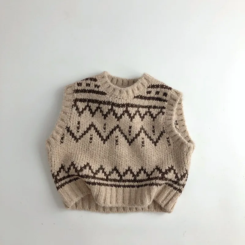 Autumn Winter Children Fashion Sweater Waistcoat Baby Knitwear Kid Boy Knit Wave Striped Tops Girl Infant Cotton Pullover Vest