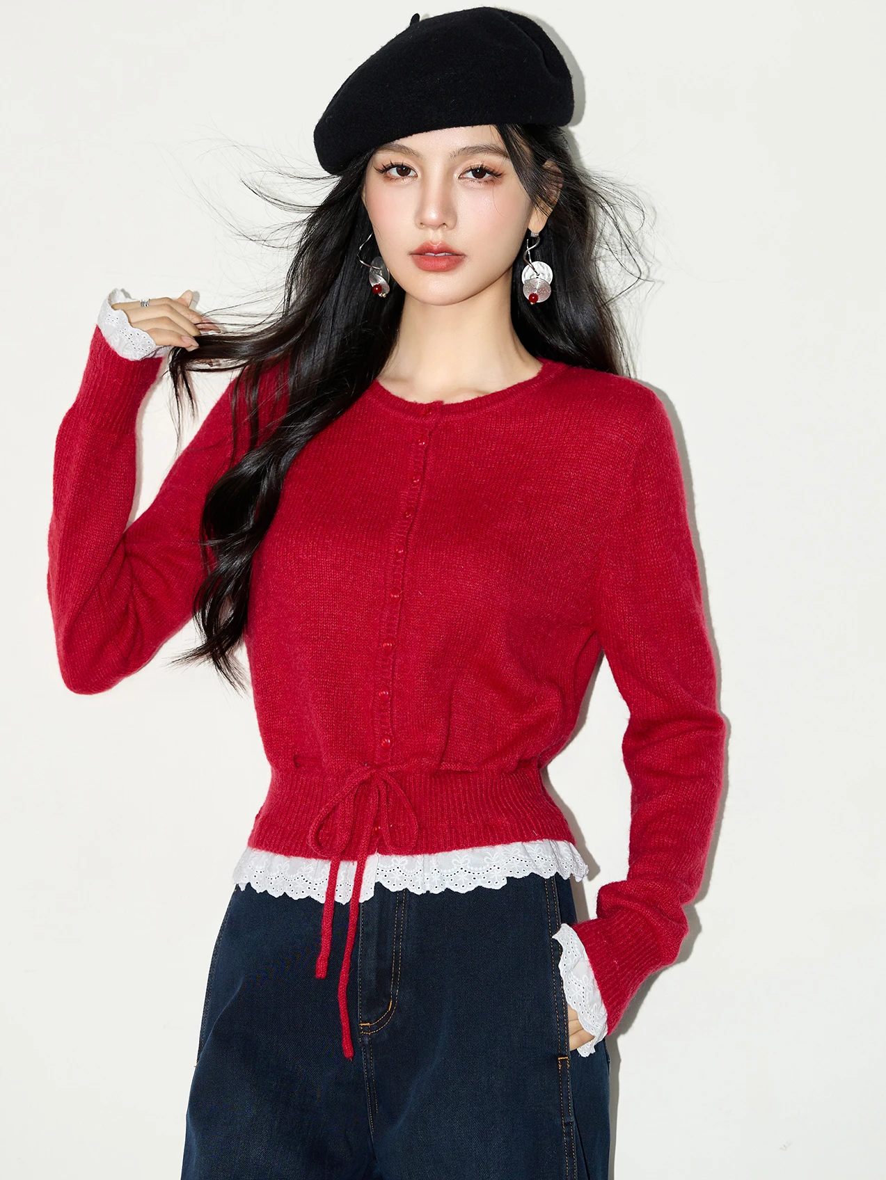 Round Neck Red Knitted Cardigan Women's Spring Autumn Outerwear awl Coat Long Sve ort Length Button Closure Waist Tie Top