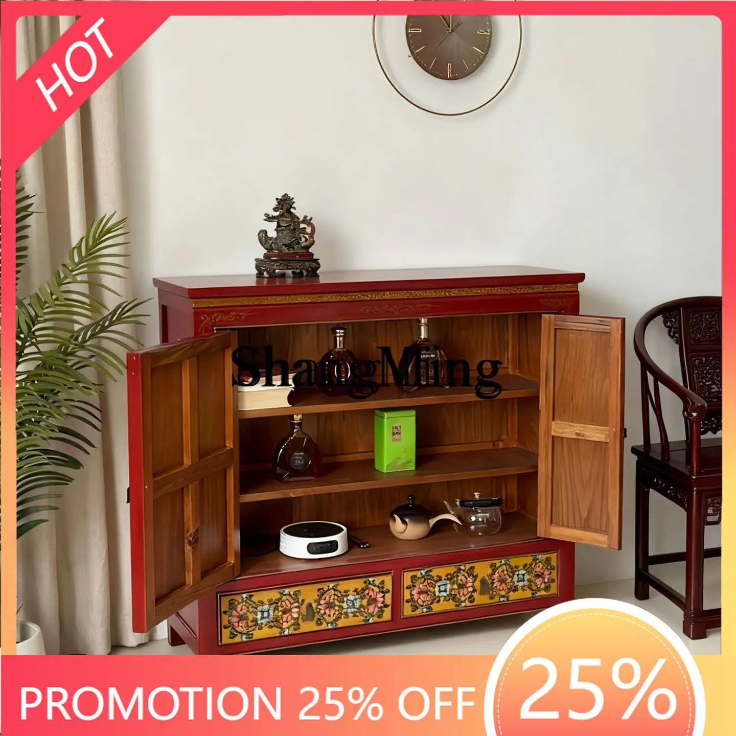 

FG solid wood painted dining side tea cabinet retro old storage entrance cabinet integrated cabinet against the wall