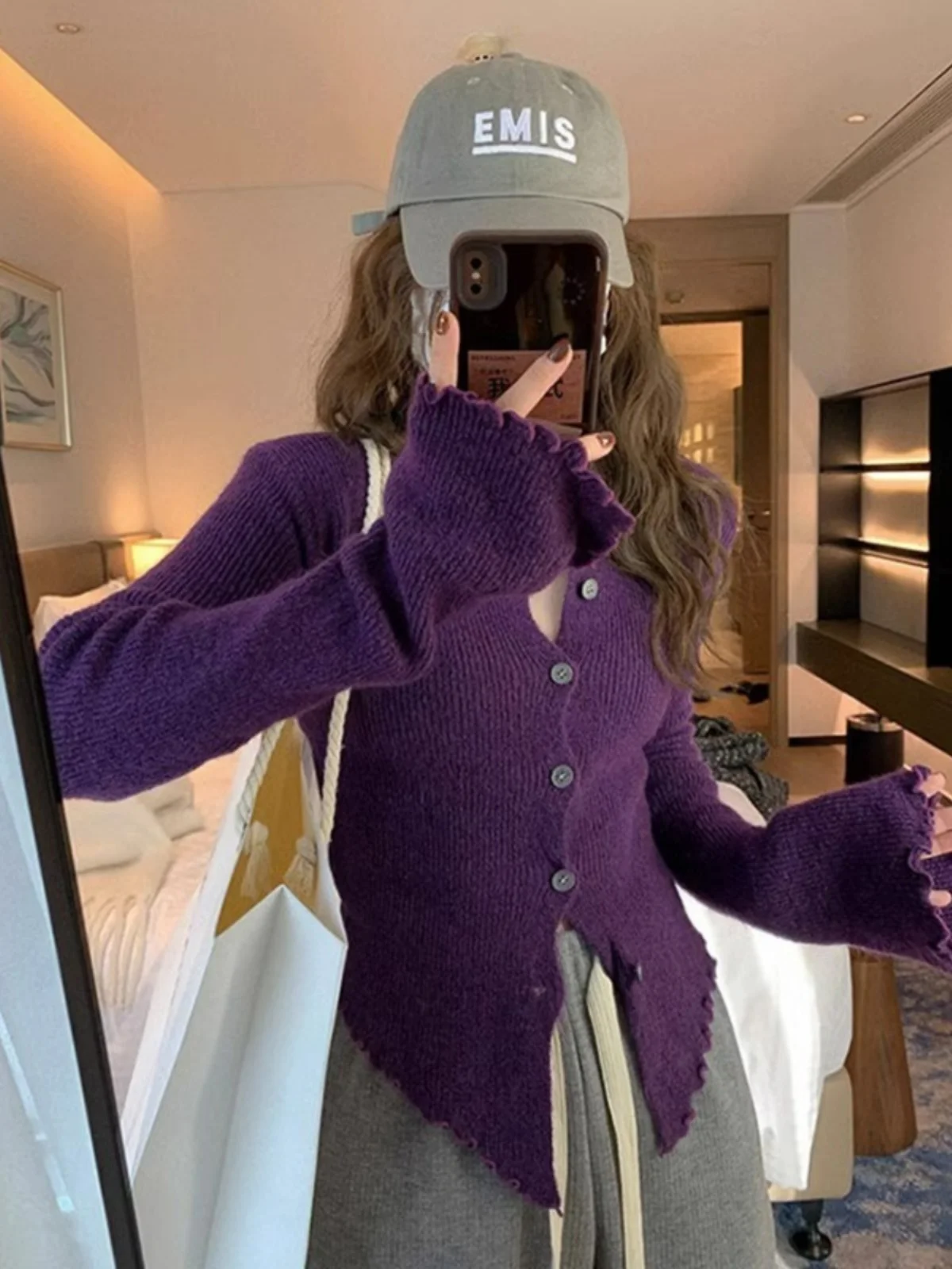 Black V-Neck Asymmetrical Knitted Cardigan Women's Slim Fit Bell Sleeve Top Commute Style Korean Version Long Sleeve Sweater view 2