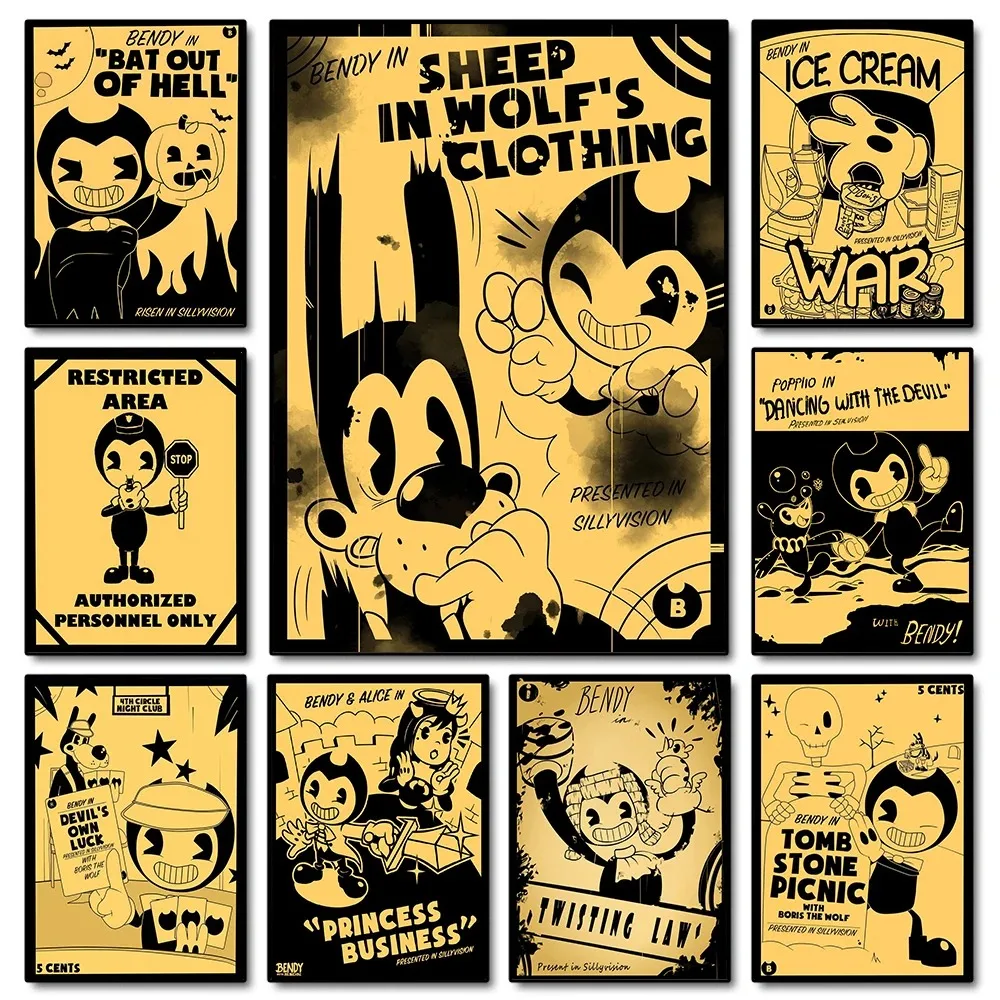 Canvas Painting Wall Art Horror Video Game B-Bendy-and I-Ink M-Machine Cartoon Poster and Prints Pictures Home Gamer Room Decor