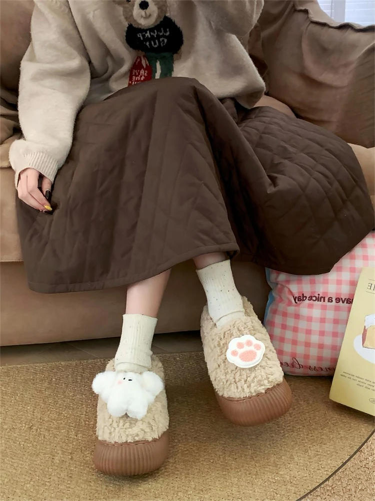 Women Home Slippers Indoor Household Winter Warm Lamb Wool Cotton Shoes Cute Bunny New Versatile Casual Bread Shoes For Women