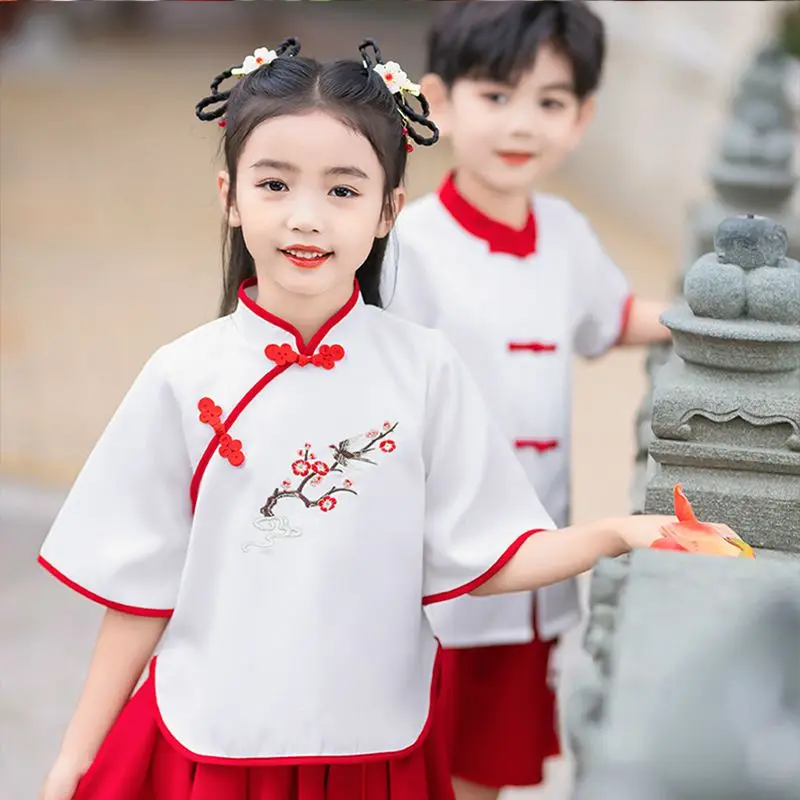 Chinese Red Costumes Children China Traditional Vintage Ethnic Cosplay Kid Boy Girl Costume Hanfu