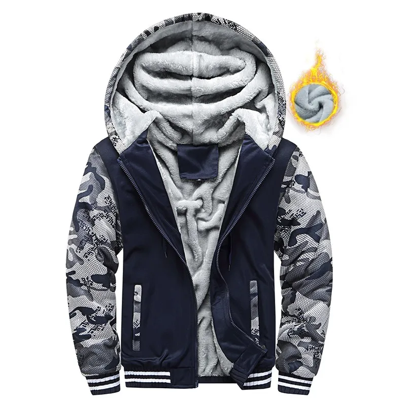 Men's Sweatshirt Hooded Autumn and Winter Baseball Loose Velvet Thickened Camouflage Zipper Pocket Contrast Printed Top