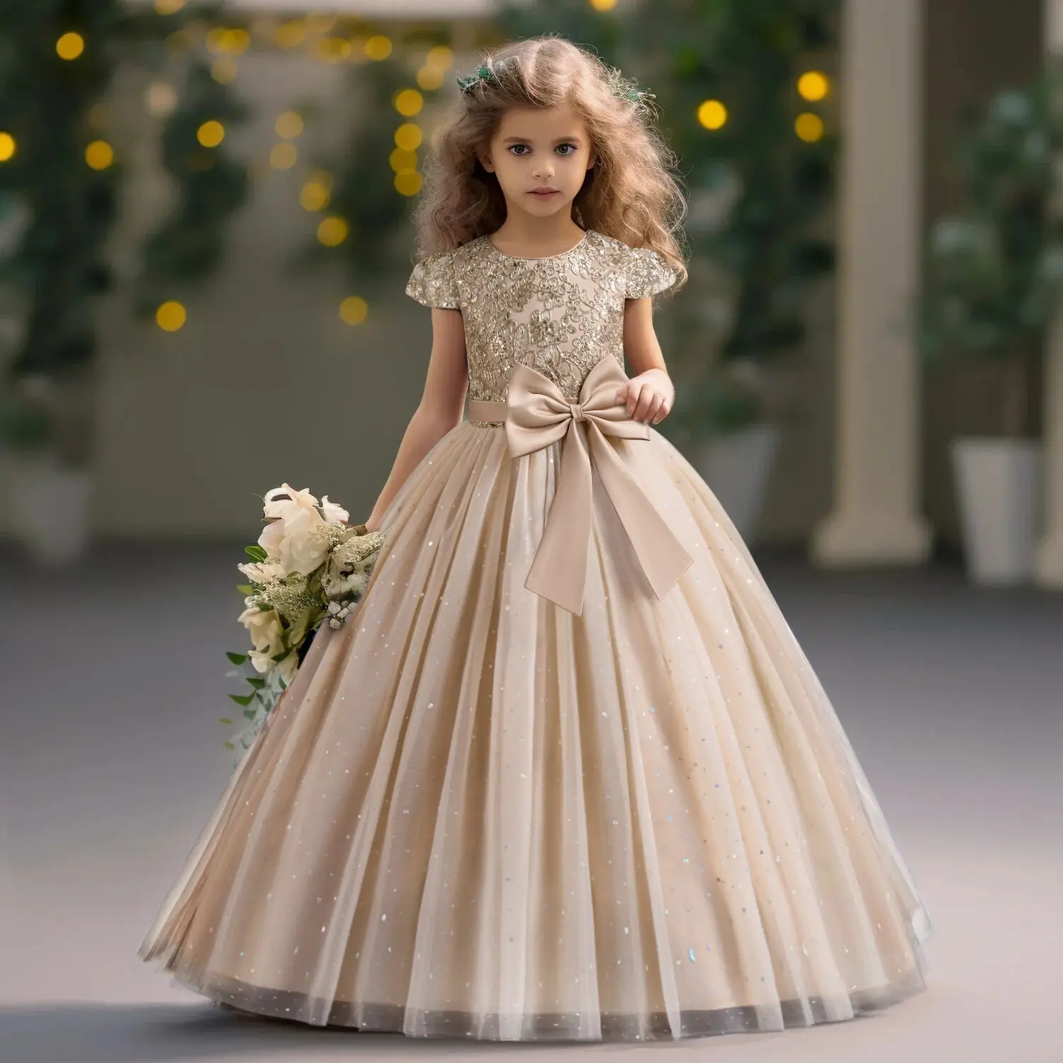 Embroidery Elegant Kids Dresses for Girls Wedding Children Bow Bridesmaid Prom Long Gown Princess Birthday Party Vestidos 3-10 Y