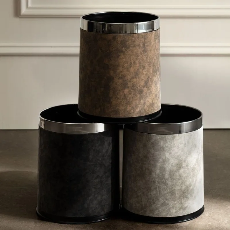 Modern Leather Trash Can Kitchen Trash Cans Luxury Bathroom Litter Bins Round Large Capacity Office Dustbin Domestic Cleaning