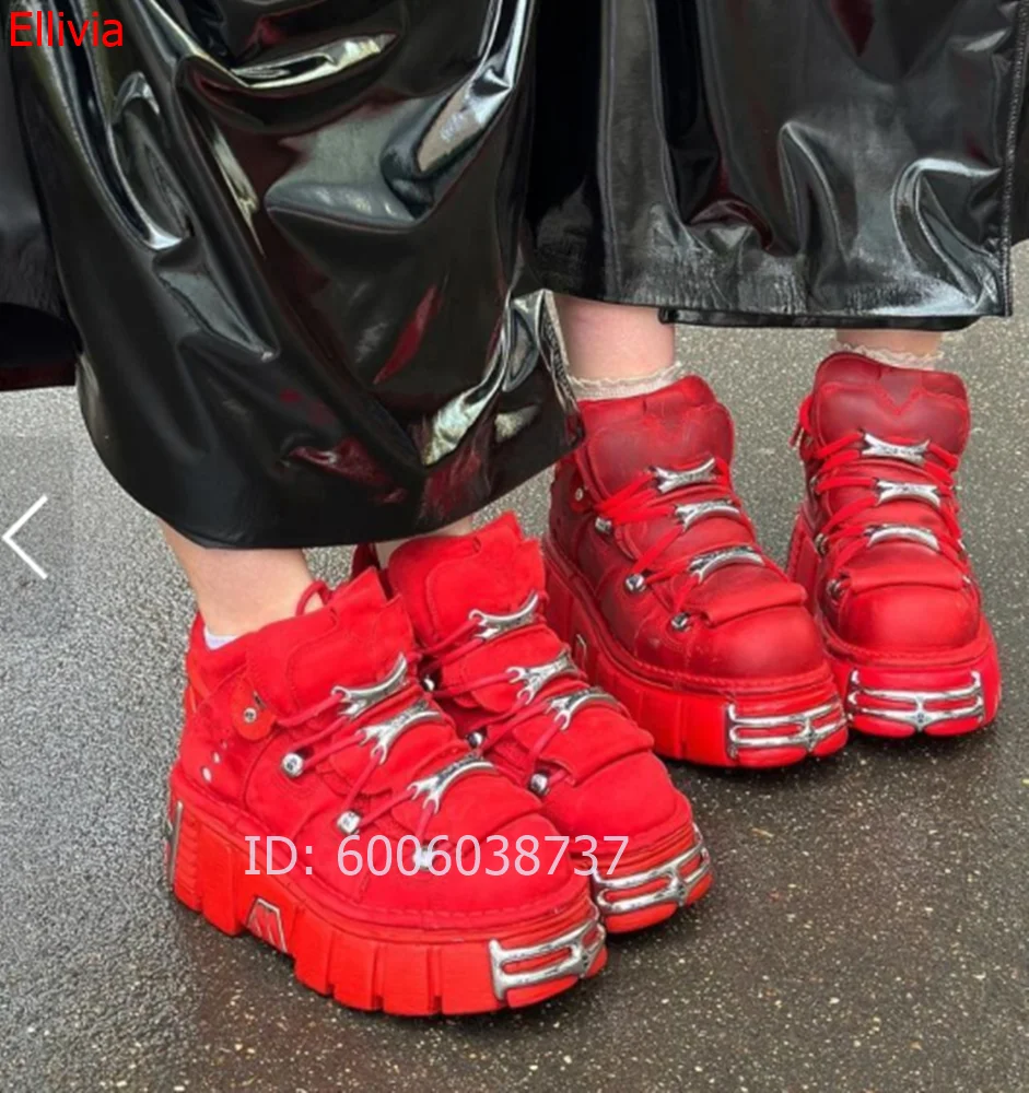 Women Y2K Chunky Platform Sneakers Red Faux Leather Lace Up Metal Eyelet Gothic Streetwear Thick Sole Punk Fashion Shoes