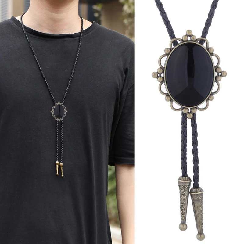 

Unisex Vintage Bolo Tie Necktie Artificial Leather Braided Rope Necklace with Oval Stone Pendant Jewelry Cowboy Neckwear