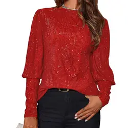 Elegant Women Blouse Top Glitter Sequins Round Neck Lantern Stretchy Long Sleeve Shirt Jumper Loose Blouse
