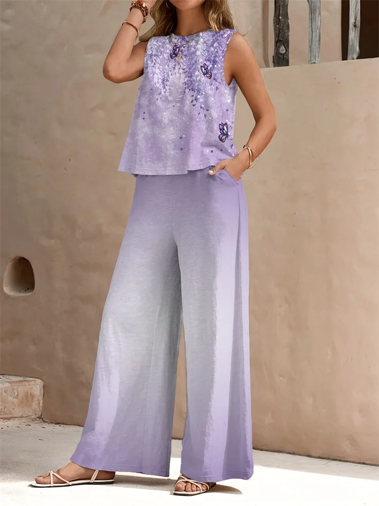 Ensemble 2 pièces haut à col rond sans manches et pantalon Long décontracté, imprimé Floral frais en 3D, mode de rue urbaine, été