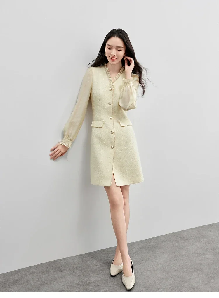 

SENTUBILA Elegant Mini Dresses for Women's Spring 2025 French Style Vintage Tweed Ruffles Lantern Sleeve Party Dress 151L58332